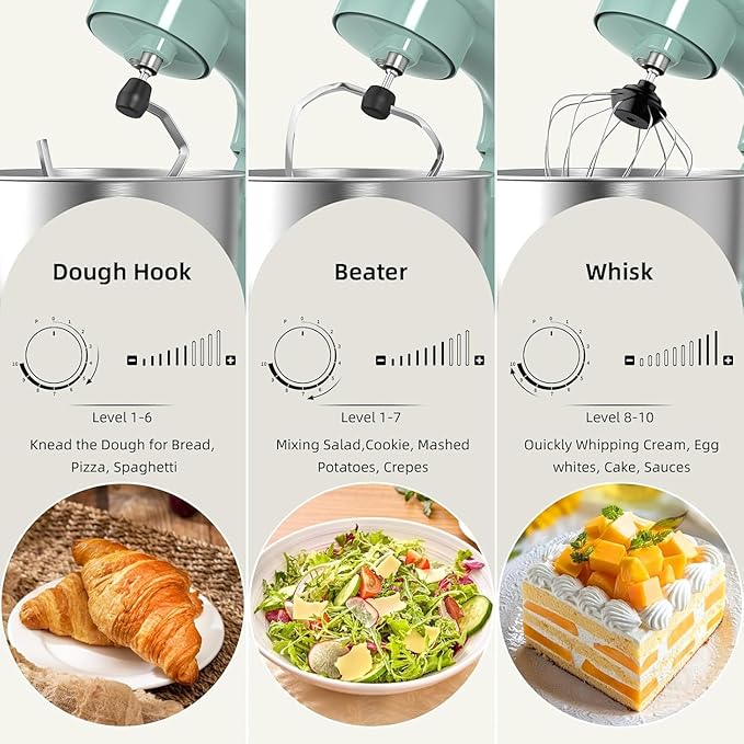 Electric Stand Mixer, 10 Speeds Tilt-Head Food Mixer, 3-IN-1 Kitchen Mixer for Daily Cooks with Dishwasher-Safe 6.5 QT Bowl,Dough Hook, Beater, Whisk (Agave Green)