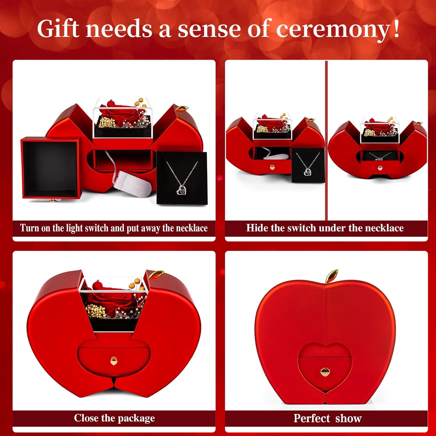 Preserved Red Real Rose with I Love You Necklace, Birthday Gifts for Women Her Mom Wife Girlfriend Grandma Christmas Anniversary Romantic-Red