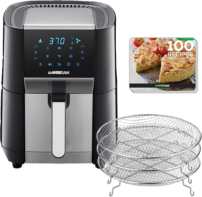 GoWISE USA 7-Quart Air Fryer & Dehydrator - with Ergonomic Touchscreen Display with Stackable Dehydrating Racks with Preheat & Broil Functions + 100 Recipes (Black/Stainless Steel)