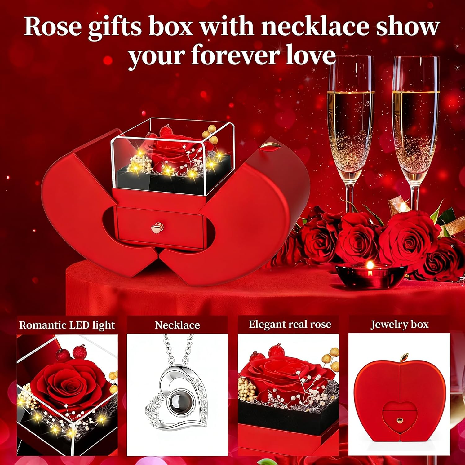 Preserved Red Real Rose with I Love You Necklace, Birthday Gifts for Women Her Mom Wife Girlfriend Grandma Christmas Anniversary Romantic-Red